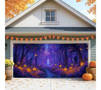 Halloween Ghost Garage Door Cover, Violet Spooky Forest Pumpkin Large Garage Door Decorations, Fall Outdoor and Indoor Halloween Party Backdrop Decor 157x71 Inch