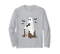 Halloween Ghost Girl and Black-Cat Spooky Season Fall Vibes Long Sleeve T-Shirt