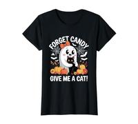 Halloween Ghost Holding Black Cat Forget Candy Give Me A Cat Value Graphic T-Shirt, Women, Black, L
