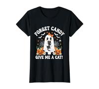 Halloween Ghost Holding Black Cat Forget Candy Give Me A Cat Value Graphic T-Shirt, Women, Black, S