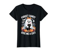 Halloween Ghost Holding Black Cat Forget Candy Give Me A Cat Value Graphic T-Shirt, Women, Black, XL
