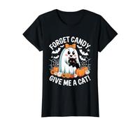 Halloween Ghost Holding Black Cat Forget Candy Give Me A Cat Value Graphic T-Shirt, Women, Black, XL