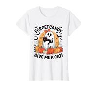 Halloween Ghost Holding Black Cat Forget Candy Give Me A Cat Value Graphic T-Shirt, Women, White, M