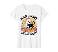 Halloween Ghost Holding Black Cat Forget Candy Give Me A Cat Value Graphic T-Shirt, Women, White, XL