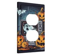 Halloween Ghost Jack O Lantern Light Switch Cover Plates, Black and Orange Spooky Decor, Haunted House Thermoplastic Wall Plates, Standard Size Single Duplex Outlet