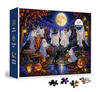 Halloween Ghost Laundry 500 Piece Jigsaw Puzzle for Adults, Moonlit Cottage Garden Artwork with Playful Spirits