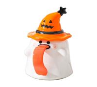 Halloween Ghost Mug, Ceramic Cup with Lid and Handle, White Porcelain Material, Cute Spooky Design, Strong Drinkware Present, for Home Restaurant Hotel Farmhouse Counter Use, 4.33x6.3 Inches