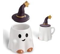 Halloween Ghost Mug, Cute Ceramic Coffee Cup Ghost Mugs with Lid Funny Ceramic Novelty Themed Espresso Cup Drinking Cup for Adults Women Men Friends Halloween Gifts Mug (Smile)