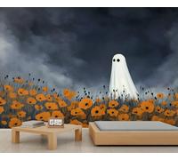 Halloween Ghost Murals Orange Poppies Flower Wallpaper for Girls Nature Floral Wallpaper Dark Gray Sky with Clouds Girls Bedroom Living Room TV Backdrop Decoration Mural Poster 350X256cm