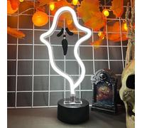 Halloween Ghost Neon Sign, Halloween Decoration LED Ghost Neon Light Sign with Base, Ghost Shape Lamp with Battery or USB Powered for Halloween Part Bar Room Décor