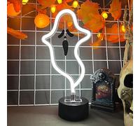 Halloween Ghost Neon Sign, Halloween Decoration LED Ghost Neon Light Sign with Base, Ghost Shape Lamp with Battery or USB Powered for Halloween Part Bar Room Décor