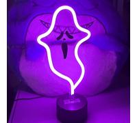 Halloween Ghost Neon Sign, Halloween Decoration LED Ghost Neon Light Sign with Base, Ghost Shape Lamp with Battery or USB Powered for Halloween Party Bar Room Décor