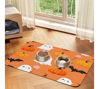 Halloween Ghost Pattern Pet Food Mat 17.2x11.81in Absorbent Non-Slip PU Leather Feeding Mat for Dogs Cats Rubber Bottom Fast Drying Rollable Pet Bowl Placemat