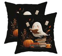 Halloween Ghost Pillow Covers Set of 2, Black Cute Ghost Reading Throw Pillow Cases, Autumn Decorative Square Cushion Covers for Home Sofa Bed Couch 28x28 Inch