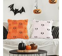 Halloween Ghost Pillow Cushion Covers, 2pcs New 18x18Inch for White Orange Fluffy Soft Plush Faux Fur Pillowcases Set, Autumn cute spooky home Decoration for Sofa Beds, Christmas Bedding Decorative