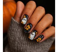 Halloween Ghost Press On Nails Short Square - 24Pcs Semi Cured Gel Nail Wraps with Cute White Ghost & Orange Flower Design, Gothic Stick On for Women, Spooky Party Manicure Art (Halloween Ghost)