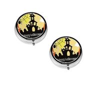 (Halloween Ghost Pumpkin) Round Pill Box with 3 Compartment Small Pill Organizer Portable Pill Case Vitamin Containers, Travel Essentials 4.6x4.6x1.8 cm