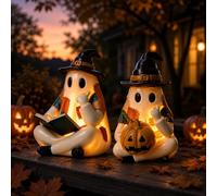 Halloween Ghost Reading Book Lamp,Lighted Vintage Patchwork Ghost Lamp Statue Night Light with Reading Book Designs,Halloween Decoration for Tabletop Bookshelf Home Decor 3D Glowing Gift