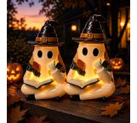Halloween Ghost Reading Book Lamp,Lighted Vintage Patchwork Ghost Lamp Statue Night Light with Reading Book Designs,Halloween Decoration for Tabletop Bookshelf Home Decor 3D Glowing Gift