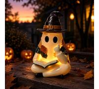 Halloween Ghost Reading Book Lamp,Lighted Vintage Patchwork Ghost Lamp Statue Night Light with Reading Book Designs,Halloween Decoration for Tabletop Bookshelf Home Decor 3D Glowing Gift