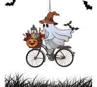 Halloween Ghost Ride Ornament - stained Glass Style Witch Bicycle Pendant with Pumpkin Passenger, Spooky Window Decor for Home Porch Classroom Halloween Decorations Outdoor (#C)