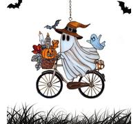 Halloween Ghost Ride Ornament - stained Glass Style Witch Bicycle Pendant with Pumpkin Passenger, Spooky Window Decor for Home Porch Classroom Halloween Decorations Outdoor (#A)