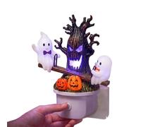Halloween Ghost Seesaw Night Light - Plug in LED Tree Decor | Resin haunted tree night light with 2 ghosts on seesaw. Soft LED glow. Plug in, button control. Bedroom, hallway