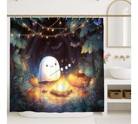 Halloween Ghost Shower Curtain, Cute White Spirit with Pumpkins, Autumn Bathroom Decor, Cozy Waterproof Fabric Shower Curtain with Hooks 72x84 Inch