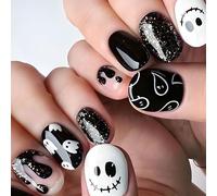 Halloween Ghost Skull Press On Nails Set - 24 Unique Spooky Party Designs, Black White Glitter Short Square False Nails For Women, Easy Apply Glossy Artificial For Costume Events