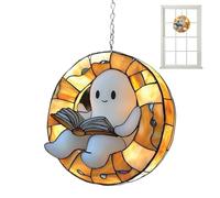 Halloween Ghost Sun Catcher, Acrylic Cute Reading Book Ghost Sun Catcher Window Wall Art Hanging Ornament For Doors Garden Indoor Funny Colorful Gothic Decor