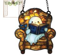 Halloween Ghost Sun Catcher, Hangable Spooky Ghost Reading Book 2D Acrylic Sun Catcher, For Doors Garden Indoor Funny Colorful Gothic Decor