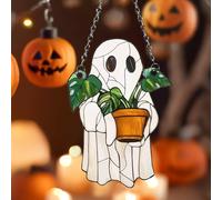 Halloween Ghost Suncatcher with Monstera Plant, Spooky Window Hanging Halloween Decor, Handmade Gothic Sun Catcher, Plant Lover Gift
