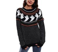 Halloween Ghost Sweater Halloween Retro Ghost Polka Dot Print Long Sleeve Crewneck Knitted Sweater for Women (L) Black