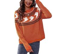Halloween Ghost Sweater Halloween Retro Ghost Polka Dot Print Long Sleeve Crewneck Knitted Sweater for Women (S) Orange