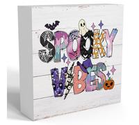 Halloween Ghost Table Decorations Indoor Spooky Home Decor Gifts Party Vintage Bat Rustic Pumpkin Wooden Box Sign for Bedroom Bathroom Kitchen Living Room Office House 7x7 inch