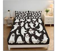 Halloween Ghost Theme Fitted Sheet 3D 120×190 cm Fitted Sheets Deep Pocket (30cm) Cartoon White Ghost Soft Microfiber Fitteds Bed Sheets Shrinkage Fade Resistant Bedding with 2 Pillowcases