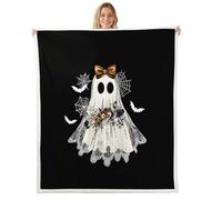 Halloween Ghost Throw Blanket Spooky Funny Ghost Fleece Flannel Blankets Kids Boys Girls Room Decor Flowers Spiderwebs Bats Bed Blankets for Bed Sofa Couch White Black Plush Blanket Queen 90"x90"