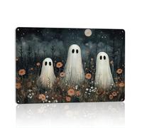 Halloween Ghost Wall Art Decorations Party Spooky Home Decor Gifts Vintage Dark Romantic Flower Forest Metal Aluminium Plate Sign for Yard Kitchen Bedroom Bathroom 8x12 inch