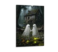 Halloween Ghost Wall Art, Ghosts in Wildflower Meadow Painting, Moody Spooky Wilderness Cabin Canvas Picture for Living Room Bedroom Bathroom Halloween Wall Decor Canvas12x18inch(30x45cm)