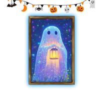 Halloween Ghost Wall Art, Glow in The Dark Wooden Framed Ghosts Poster, 11.81x7.87 Inches, Luminous Decorative Painting, Spooky Aesthetic Artwork, Haunted Decor for Bedroom Kitchen Party Living Room