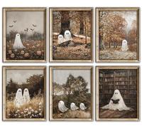 Halloween Ghost Wall Art Prints - Vintage Autumn Posters with Pumpkin Patch, Forest & Library, Spooky Seasonal Home Decor for Living Room, Bedroom, Fireplace & Party Decoration(8x10 Inch, Unframed)