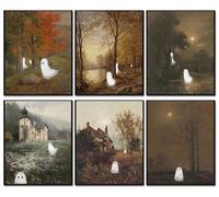 Halloween Ghost Wall Art Prints - Vintage Gothic Spooky Posters Set of 6, Creepy Cute Ghost & Haunted House Artwork, Dark Academia Aesthetic Home and Bedroom Decor (8x10 Inch, Unframed)