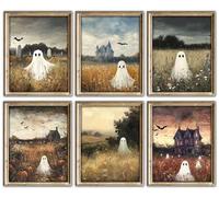 Halloween Ghost Wall Art Set - 6 Haunted House & Spooky Field Prints with Bats, Ghosts & Haunted Scene, Scary Halloween Home, Bedroom & Party Decoration - 8×10 Inch Unframed