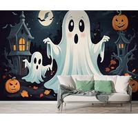 Halloween Ghost Wall Mural, Self-Adhesive Peel & Stick Wallpaper, Pumpkin Castle Design Photo Wallpaper for Living Room & Bedroom (150x100 cm), F-402