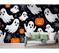 Halloween Ghost Wall Mural, Self-Adhesive Peel & Stick Wallpaper, Pumpkin Spider Web Design Photo Wallpaper for Living Room & Bedroom (100x70 cm), F-371