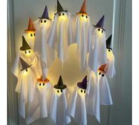 Halloween Ghost Wreath, 12 LED Little Light-up White Ghost Wreath Front Door Hanging Decoration, Battery Powered Indoor/Outdoor Spooky Decor with Ghost Lights Halloween Decorations