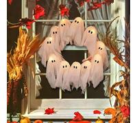 Halloween Ghost Wreath, White Light-up Ghost Garland, HalloweenSpooky Indoor & Outdoor Wreaths for Front Door Wall Party Decoration, Halloween Decor Holiday Spooky Garland (Already Assembled)