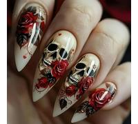 Halloween Ghostly Spiders Web False Nails Almond Tip Design Rose Skull Detailing Comfortable Wear Nails Art Accessories Halloween Nail