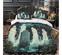 Halloween ghosts 3D Print 3-Piece Bed Cover spooky cemetery art Comforter Cover Set Breathable Microfiber Concealed Zipper Anti-Bacterial for Toddlers Kids Teens Adults Super king（260x220cm）