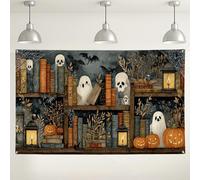 Halloween Ghosts and Pumpkins Backdrop, Spooky Bookshelf Decor for Photography, Haunted Party Background for Fall Celebrations 71x43 Inch